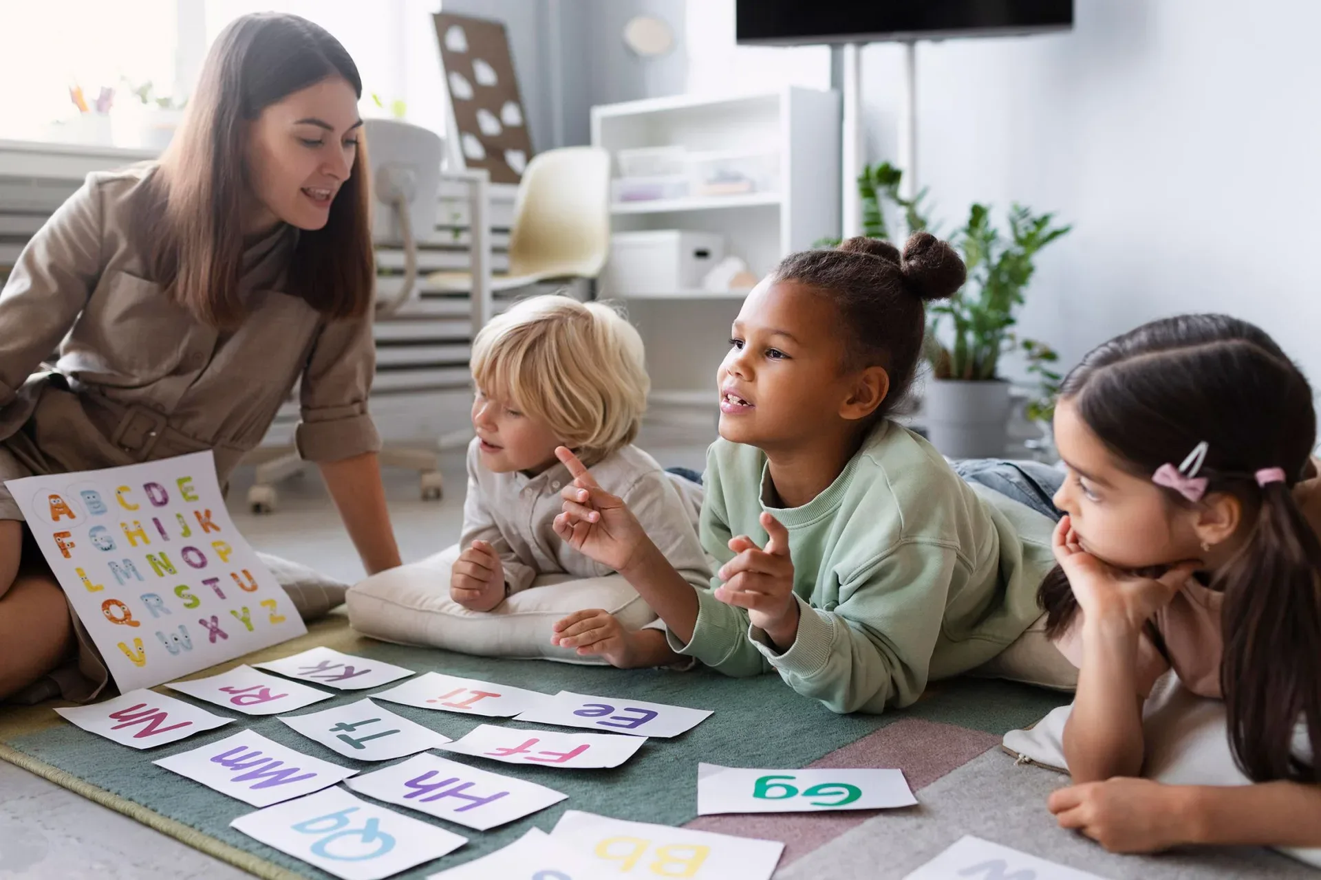 Caregiver teaching children with alphabet cards on the floor