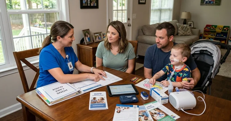 Nurse reviewing a home care plan with parents and their child