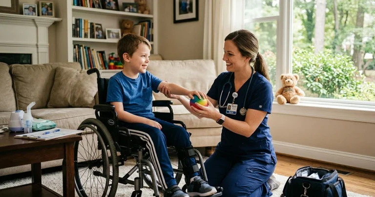 Home nurse playing a game with a boy in a wheelchair