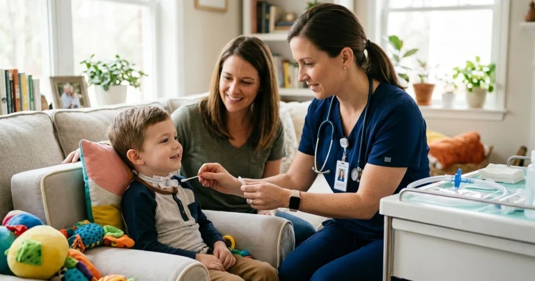 Nurse checking a young child's tracheostomy at home with his mother