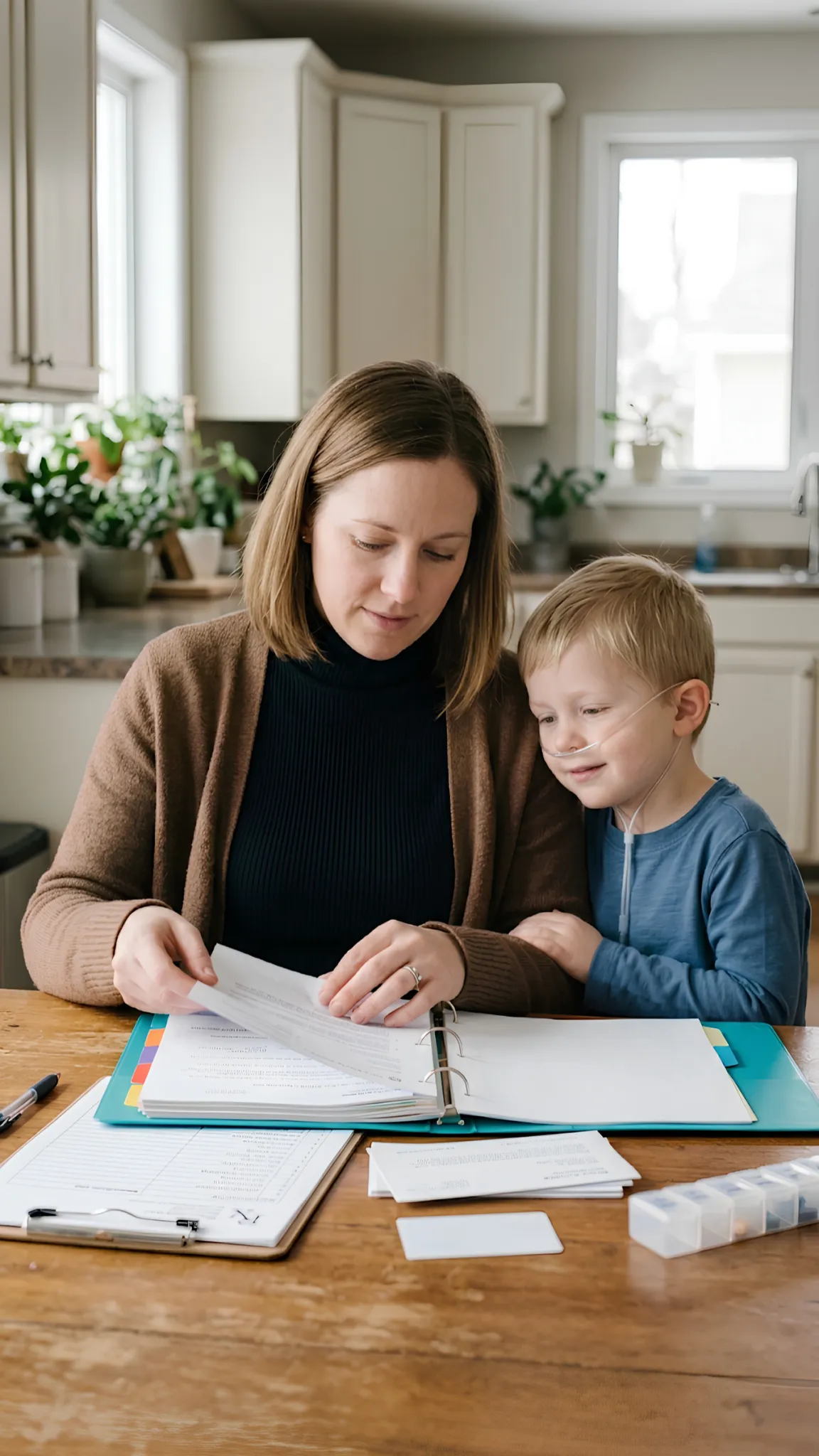 Mother organizing her son's medical documents in a binder at the kitchen table