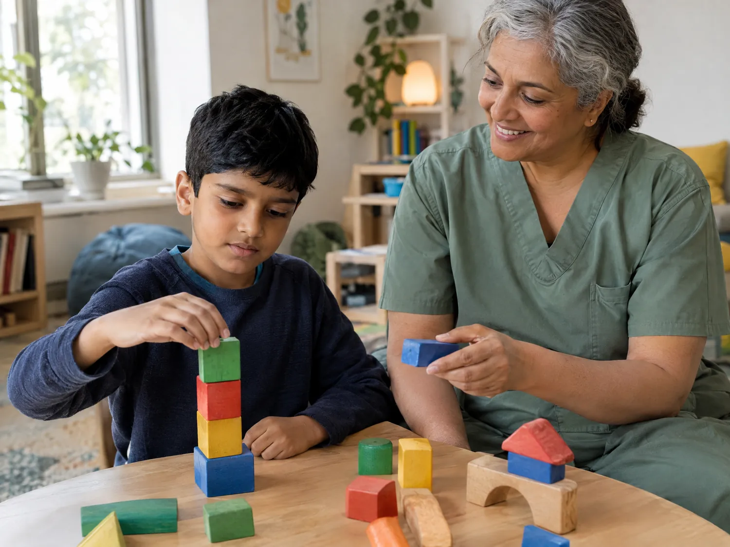 Caregiver stacking wooden blocks with a focused boy at home