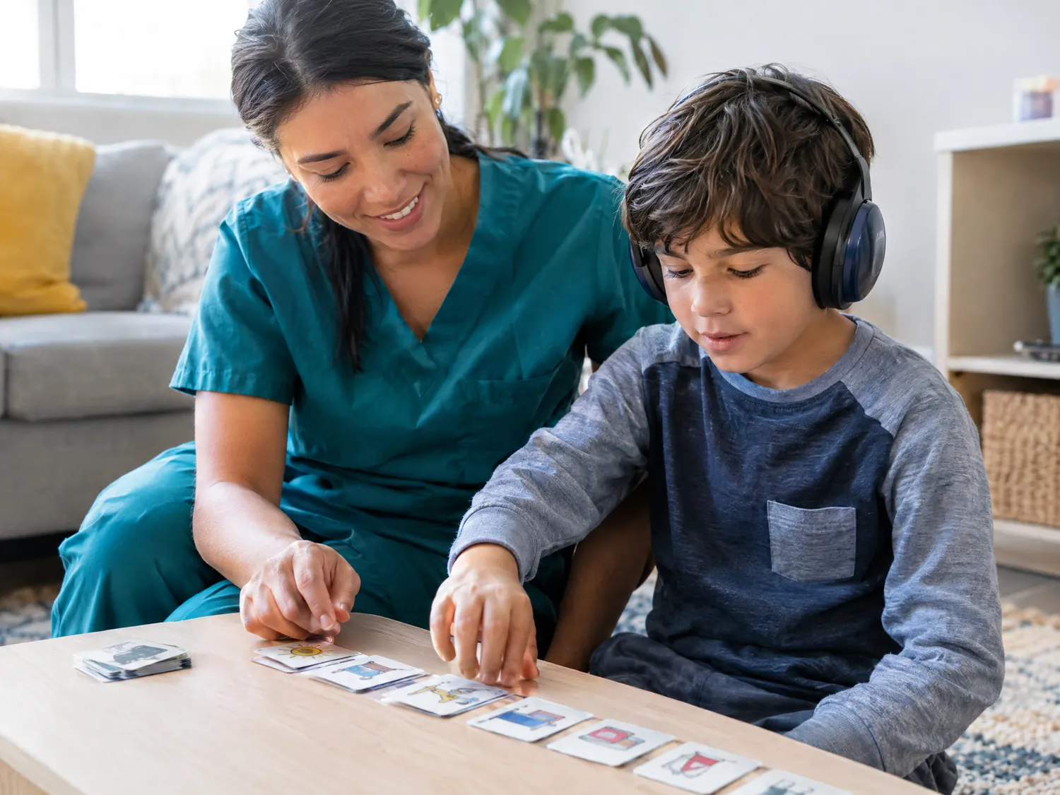 Caregiver arranging a visual schedule with a boy wearing headphones