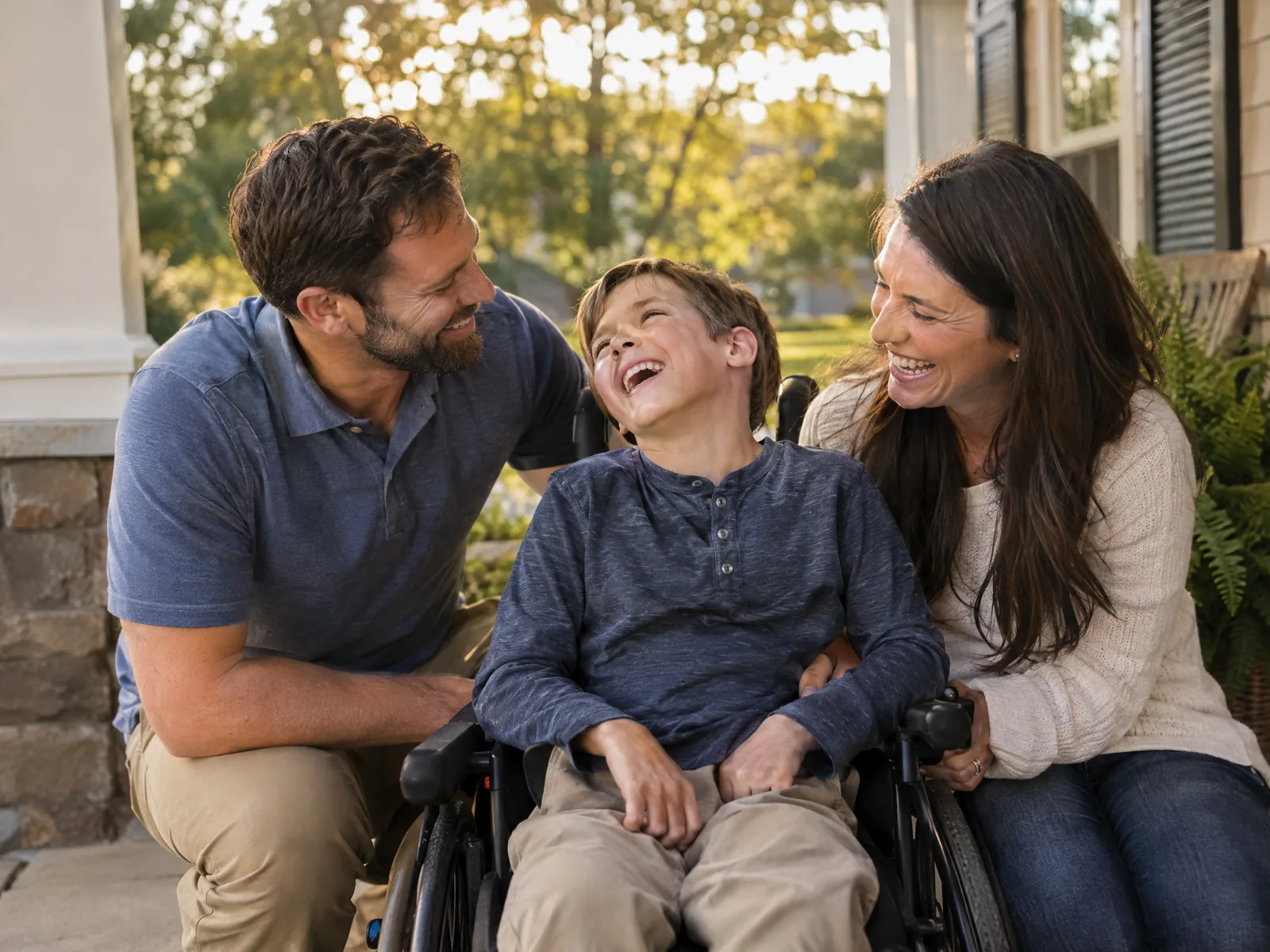 Parents laughing with their son in a wheelchair on the front porch
