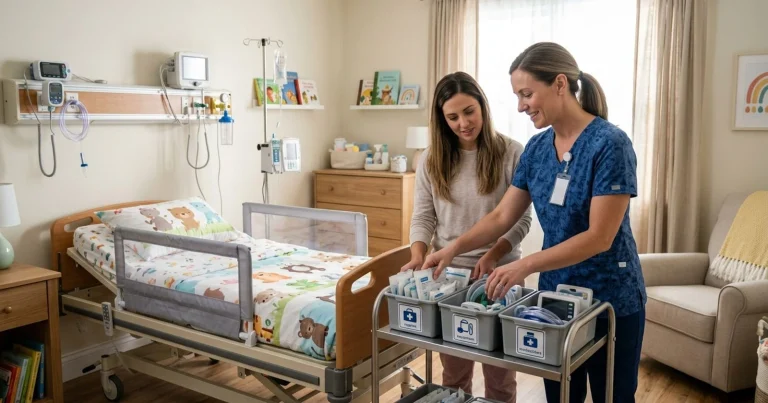 Nurse and mother preparing medical supplies in a child's bedroom set up for home care