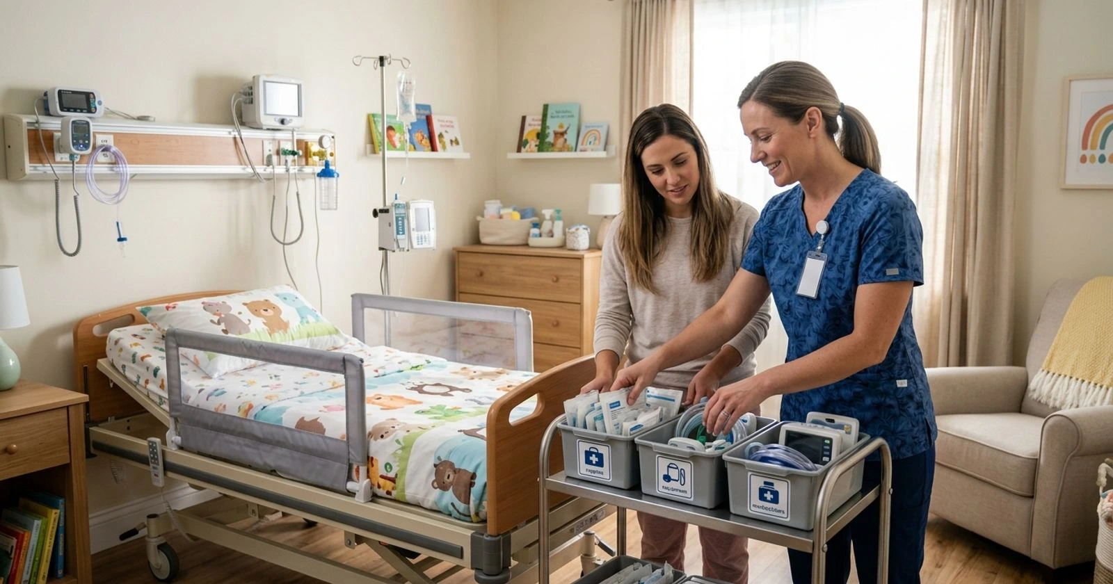 Nurse and mother preparing medical supplies in a child's bedroom set up for home care