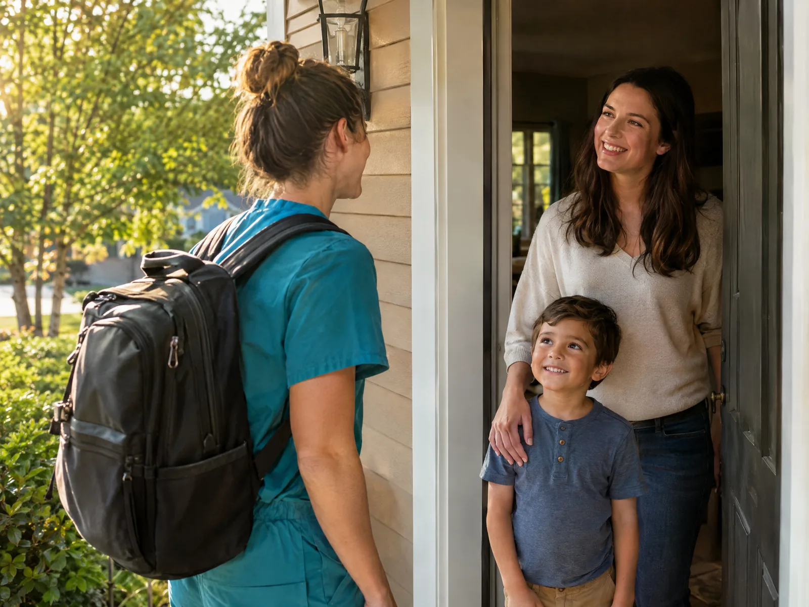 Home nurse arriving as a mother and son greet her at the door