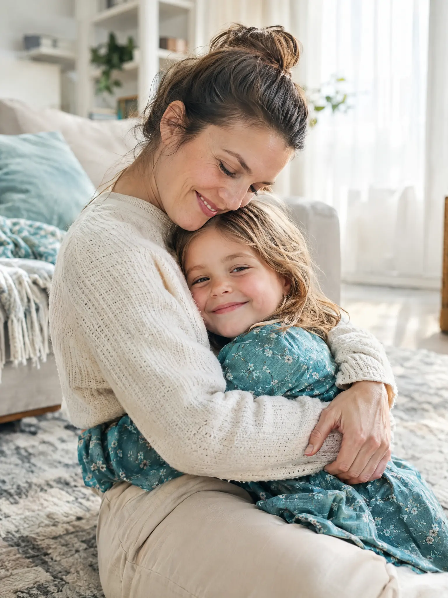 Mother hugging her smiling daughter at home
