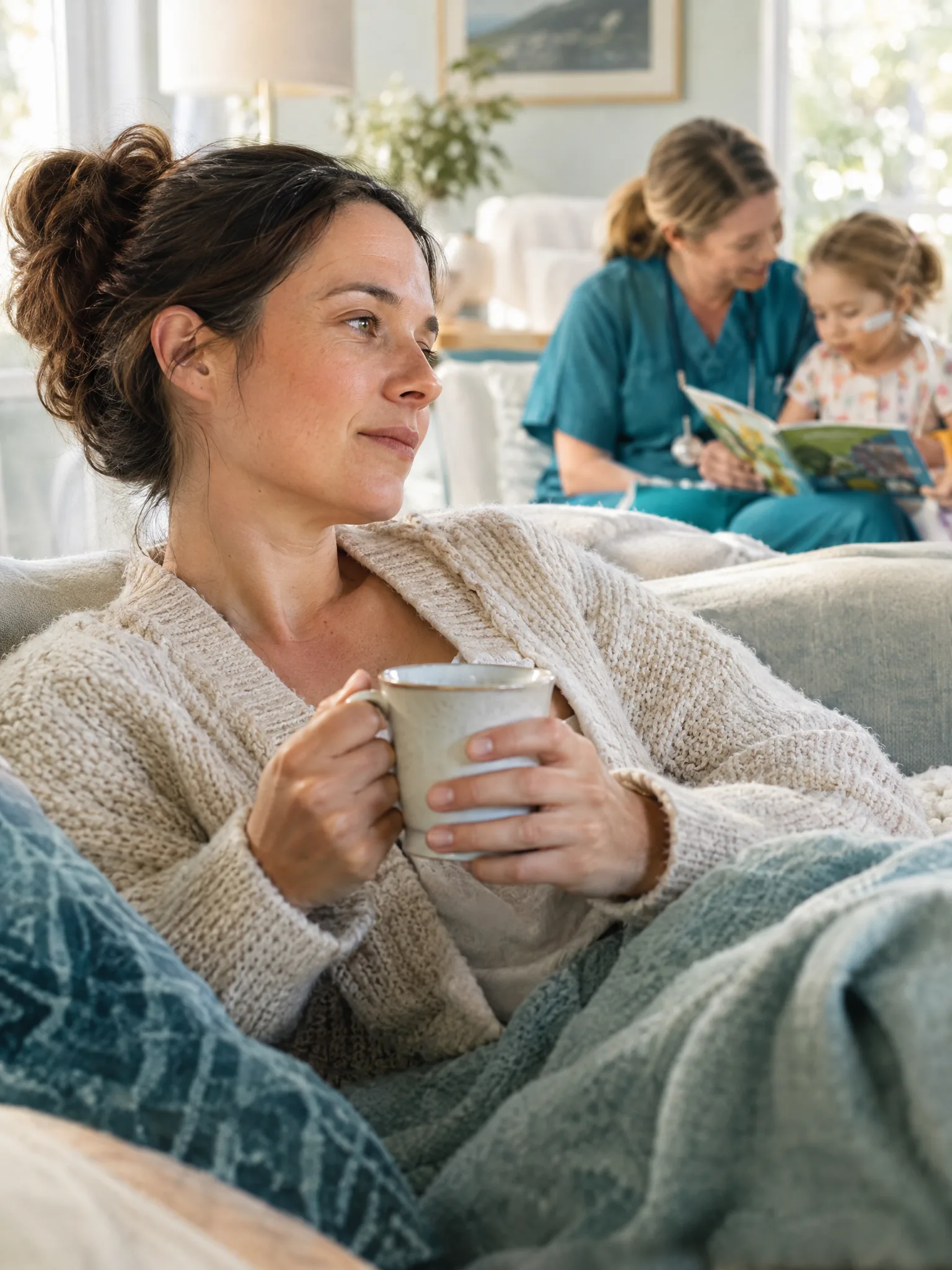 Mother resting with tea while a nurse reads to her daughter at home