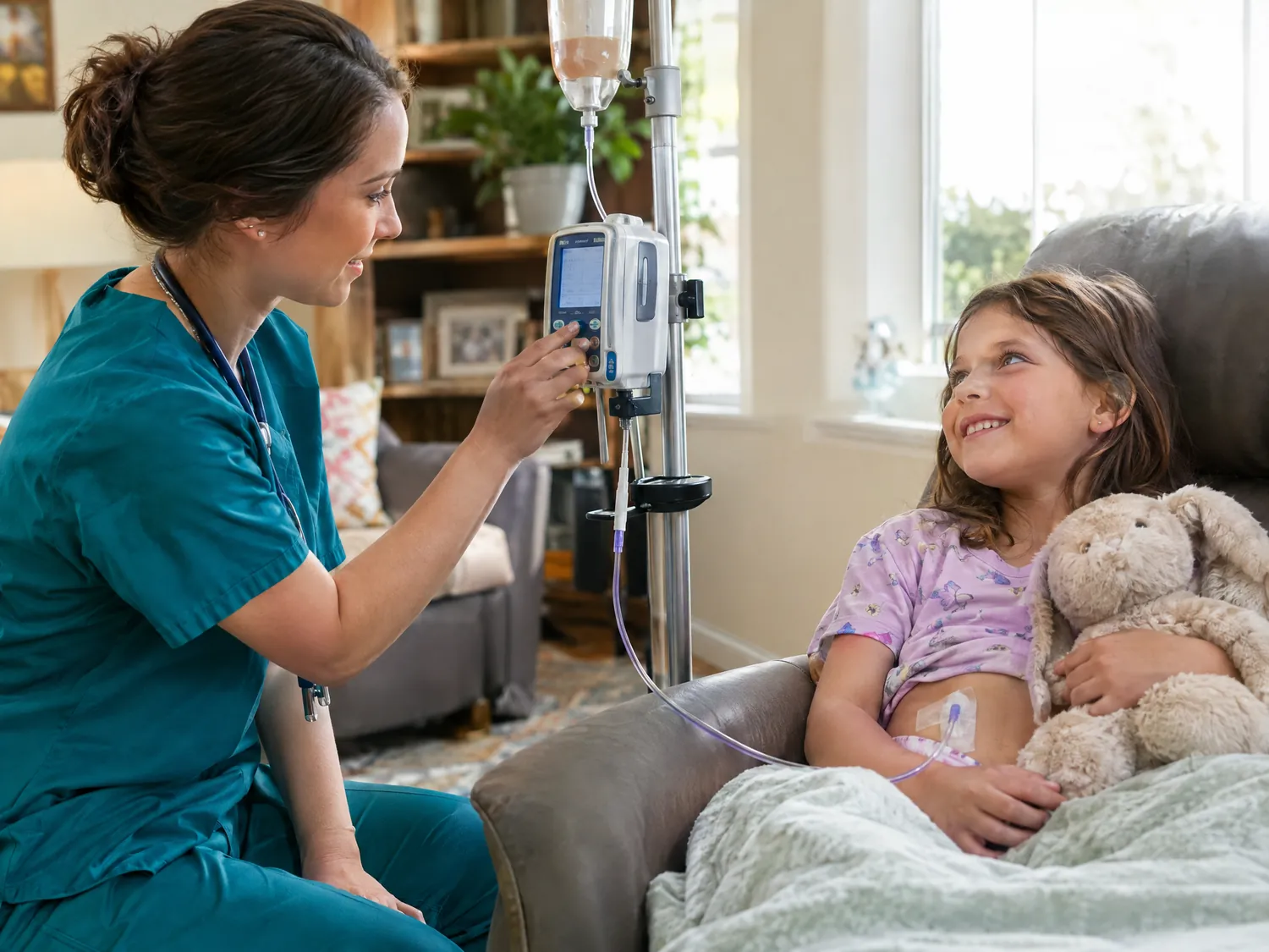 Nurse adjusting a feeding pump for a smiling girl at home