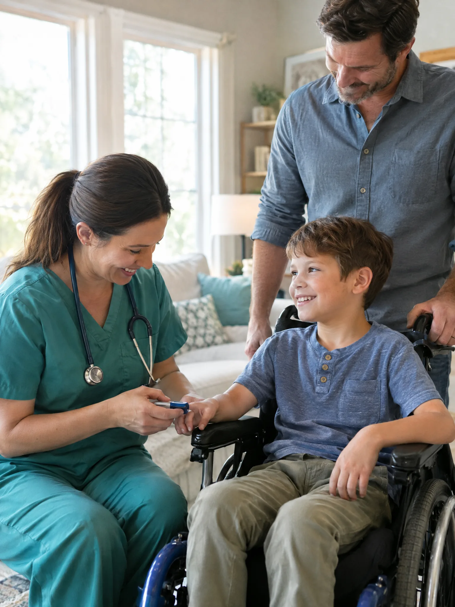 Pediatric nurse checking a smiling boy in a wheelchair at home with his father