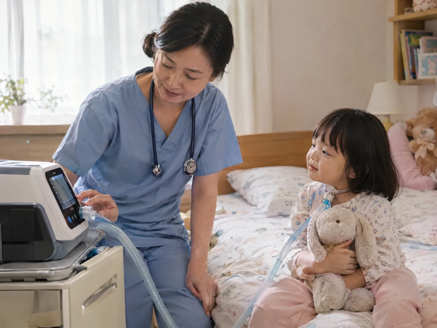 Nurse checking a home ventilator beside a toddler girl in bed