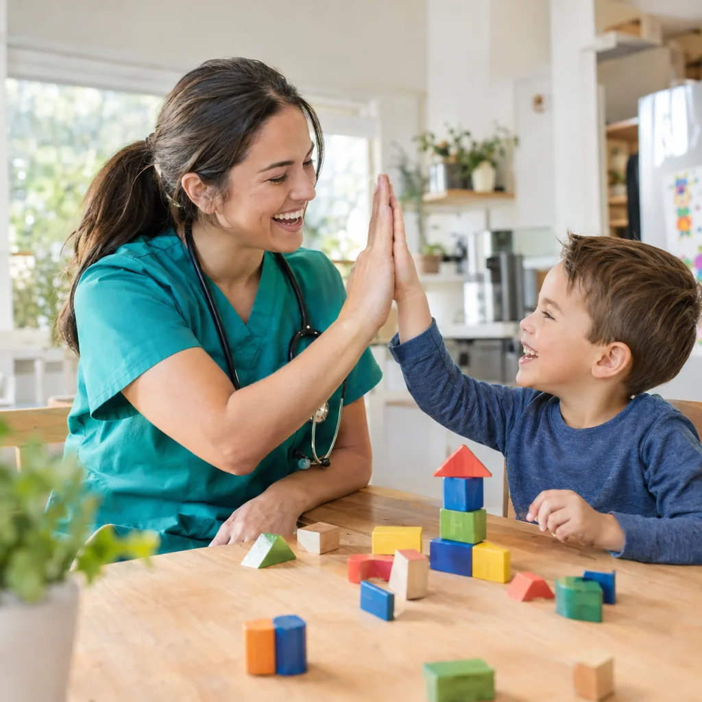 Nurse and child sharing a high five at home