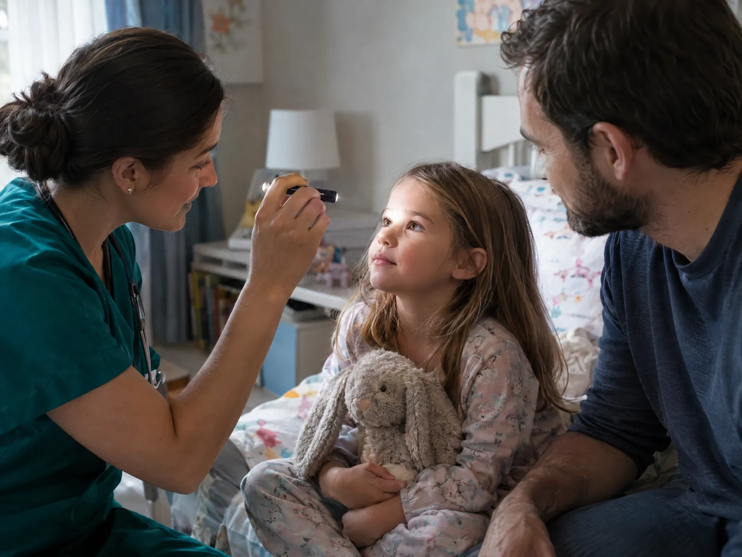 Nurse doing a gentle neuro check on a young girl with her father