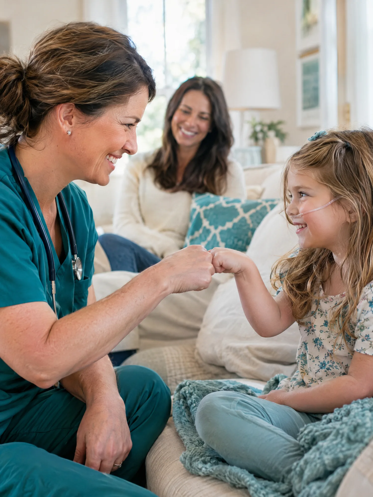 Pediatric nurse sharing a fist bump with a smiling girl at home