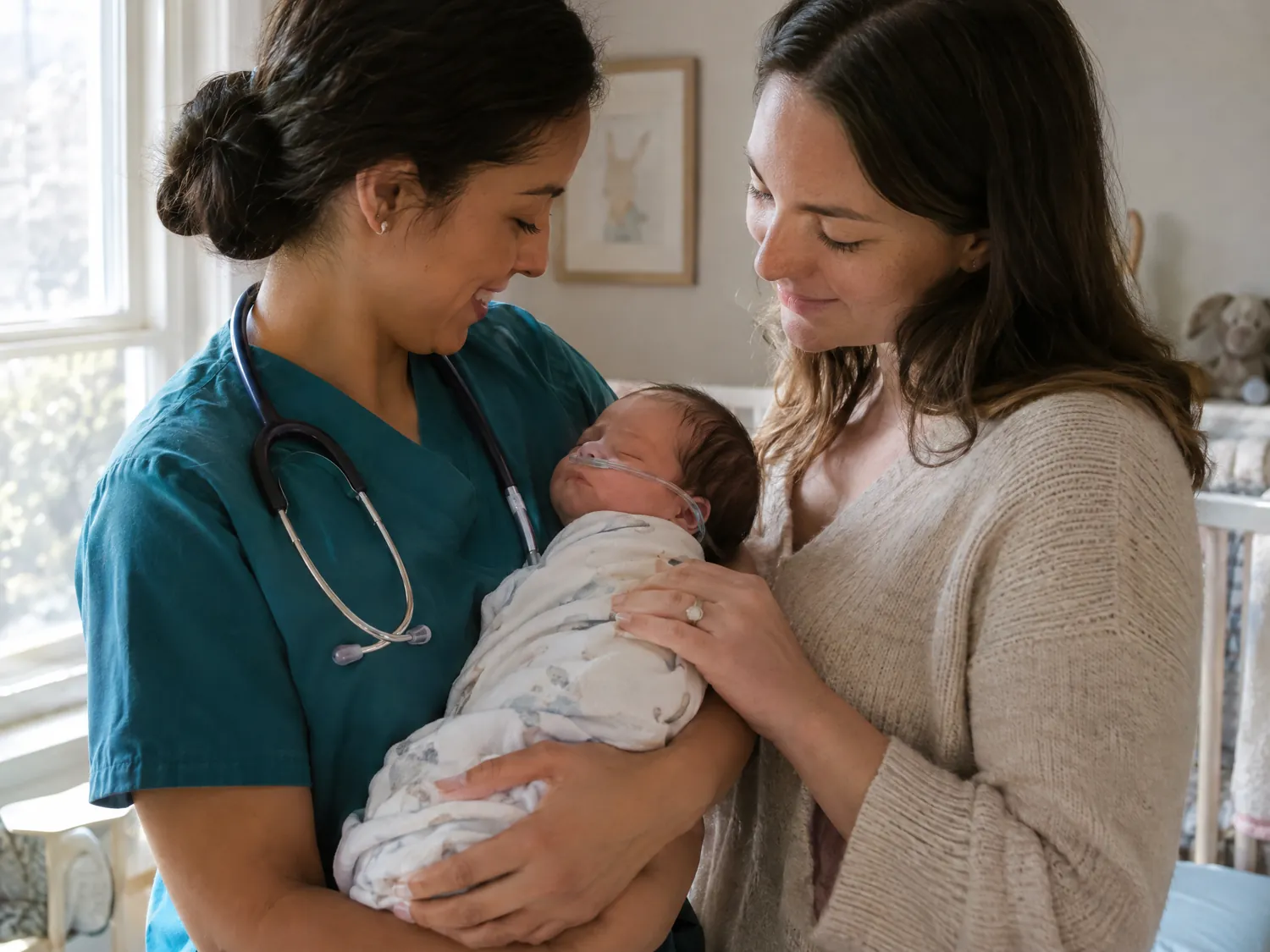 Nurse holding an infant on oxygen beside the baby’s mother