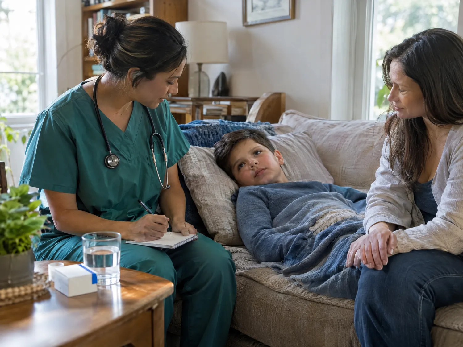 Nurse keeping a seizure log beside a resting boy and his mother