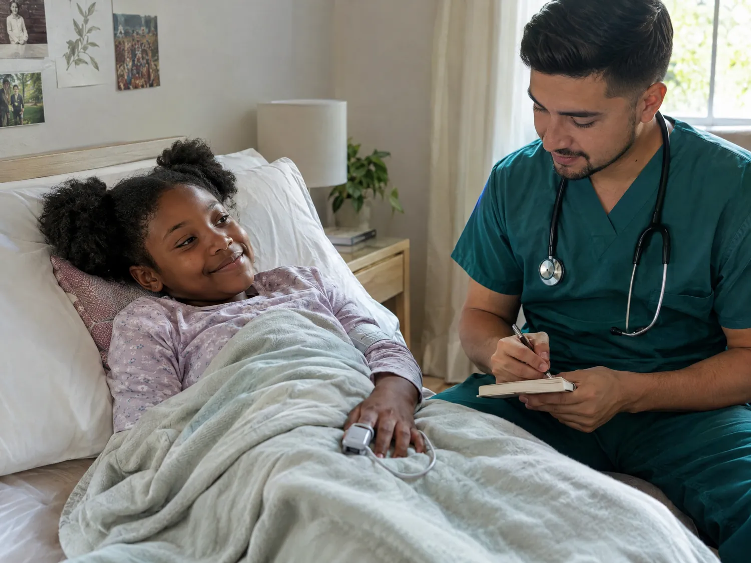 Nurse keeping notes while monitoring a smiling girl resting in bed