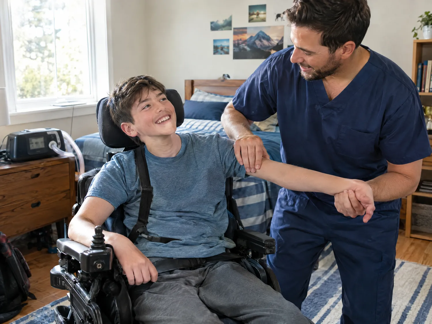 Nurse helping a teen in a power wheelchair with arm stretches