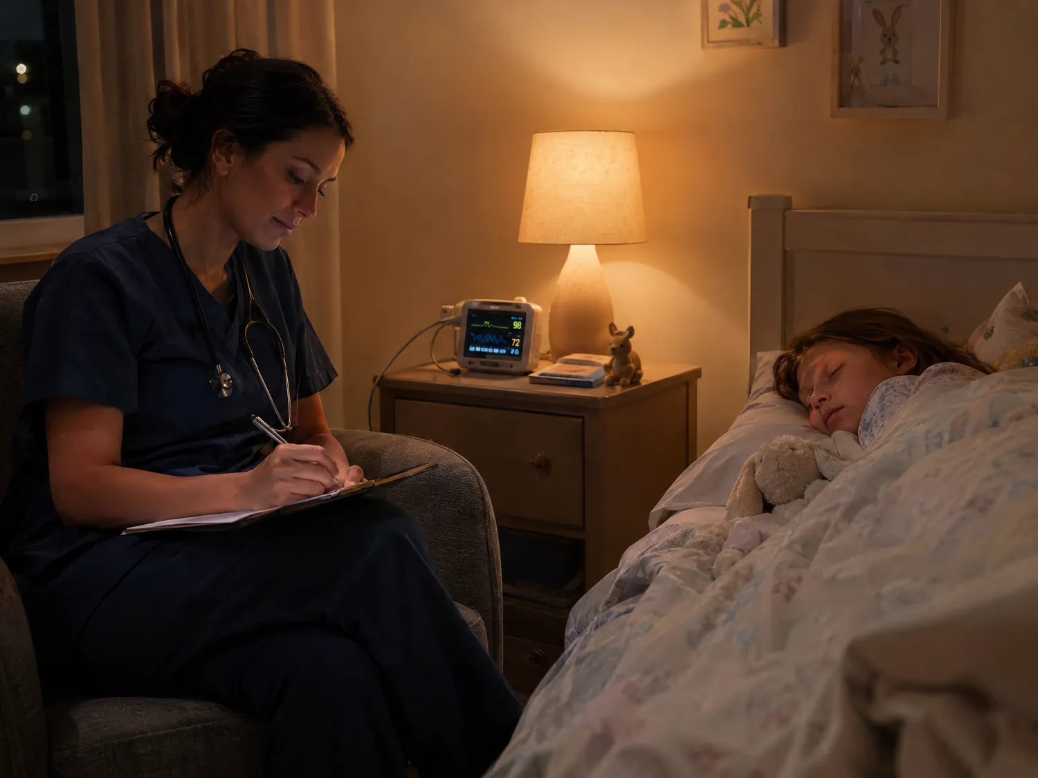 Overnight pediatric nurse keeping watch while a girl sleeps