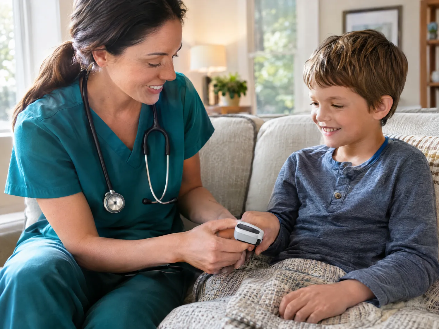 Pediatric nurse checking a boy's oxygen level with a pulse oximeter at home