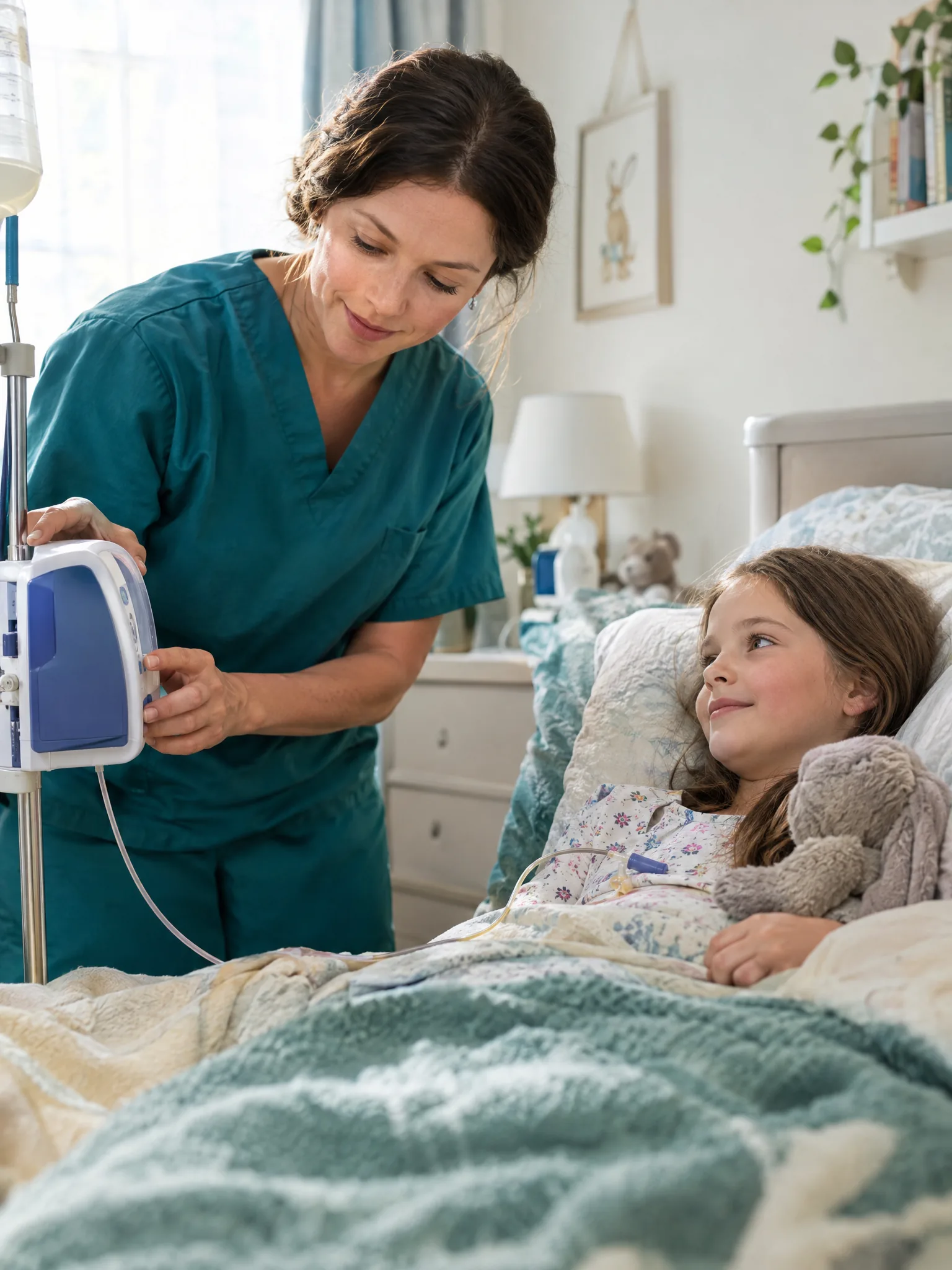 Pediatric nurse adjusting a feeding pump for a child at home