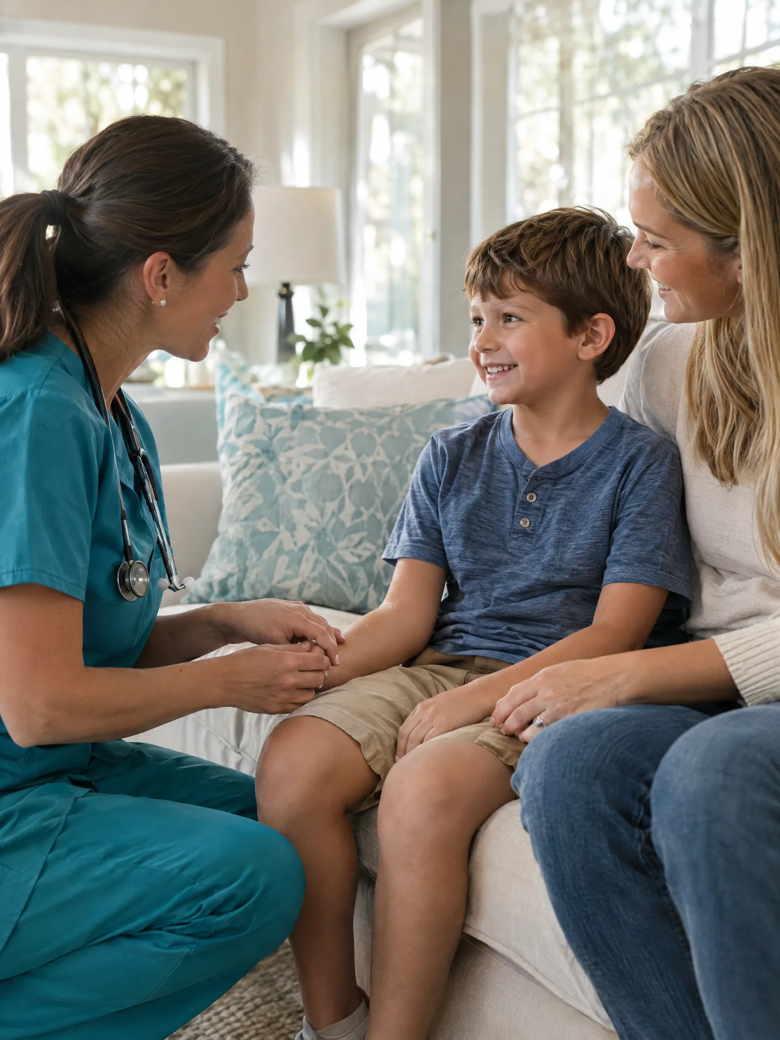 Pediatric nurse visiting a child at home with his mother