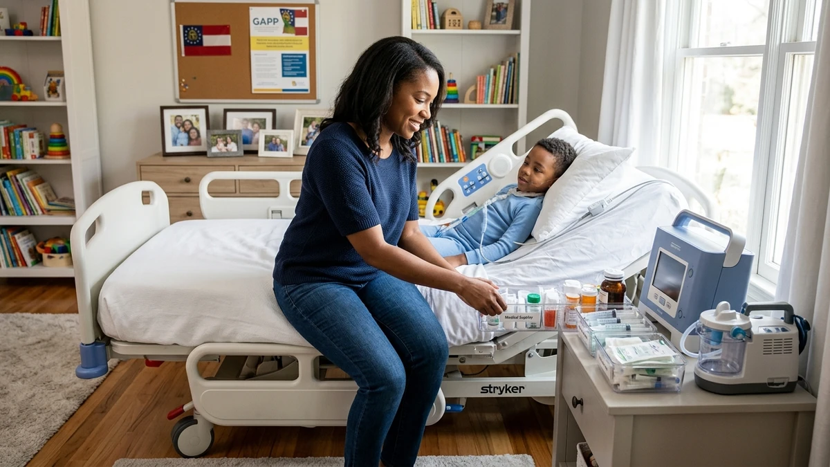Nurse sitting with a child in a home hospital bed with medical equipment